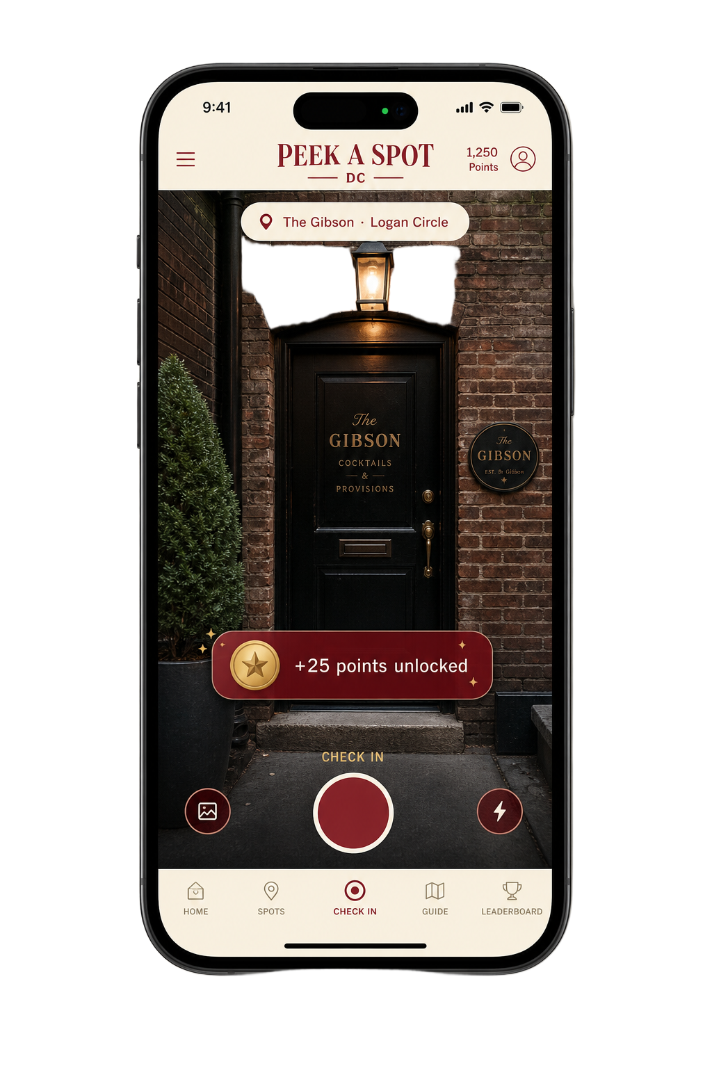 Peek A Spot app check-in screen at The Gibson speakeasy