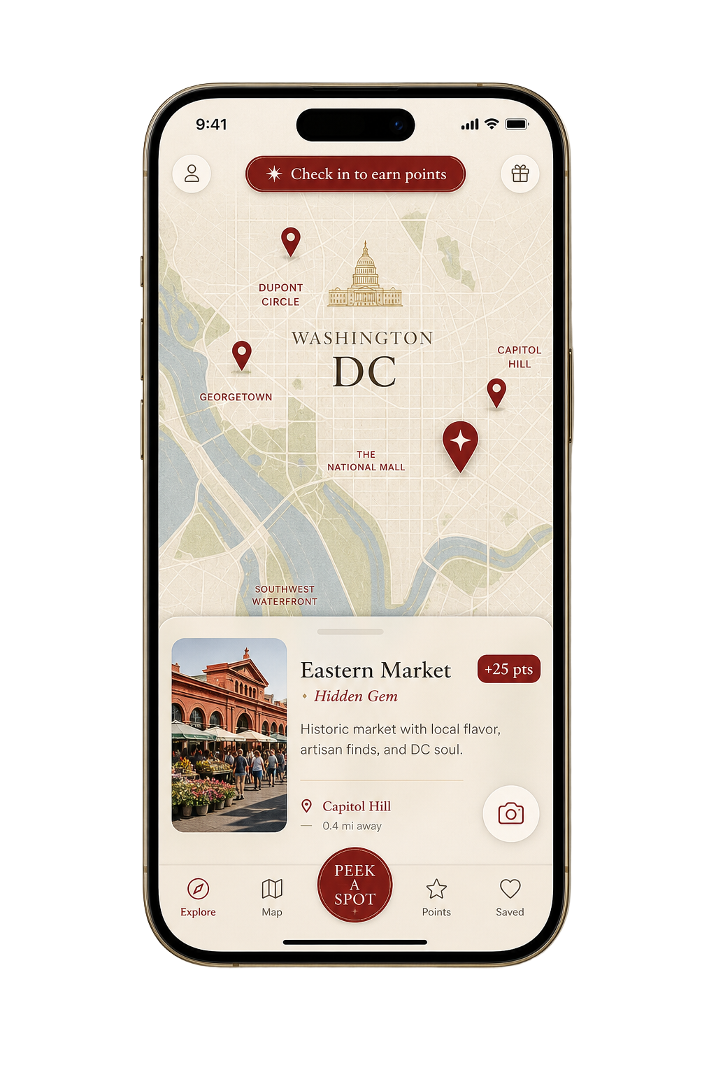 Peek A Spot app map screen with DC neighborhoods and pins
