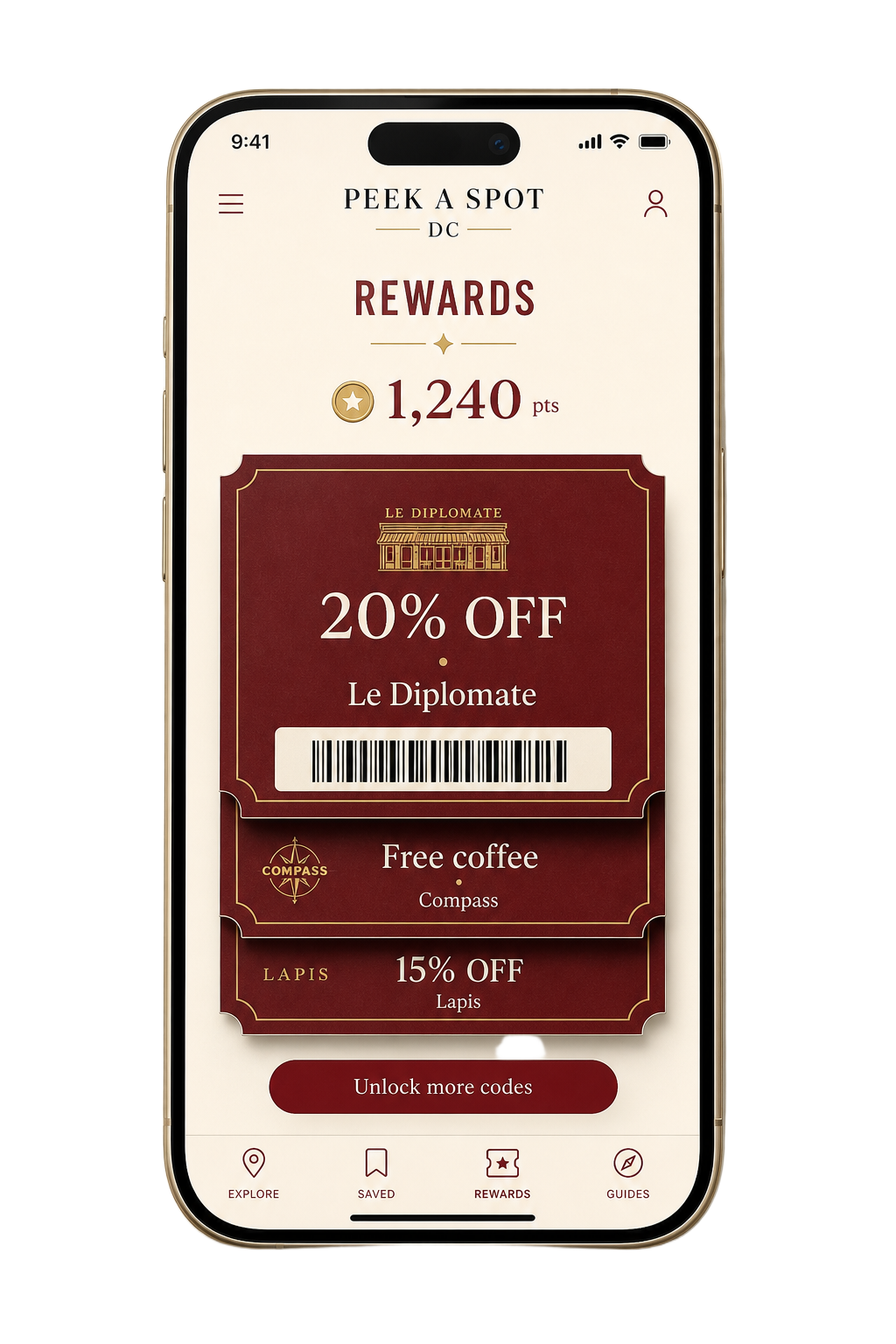 Peek A Spot app rewards wallet with discount codes