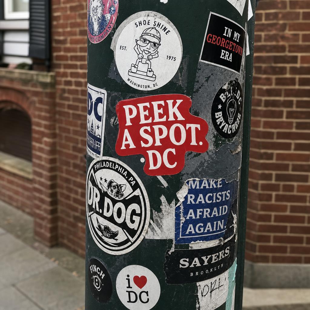 Peek A Spot sticker on a Georgetown lamppost
