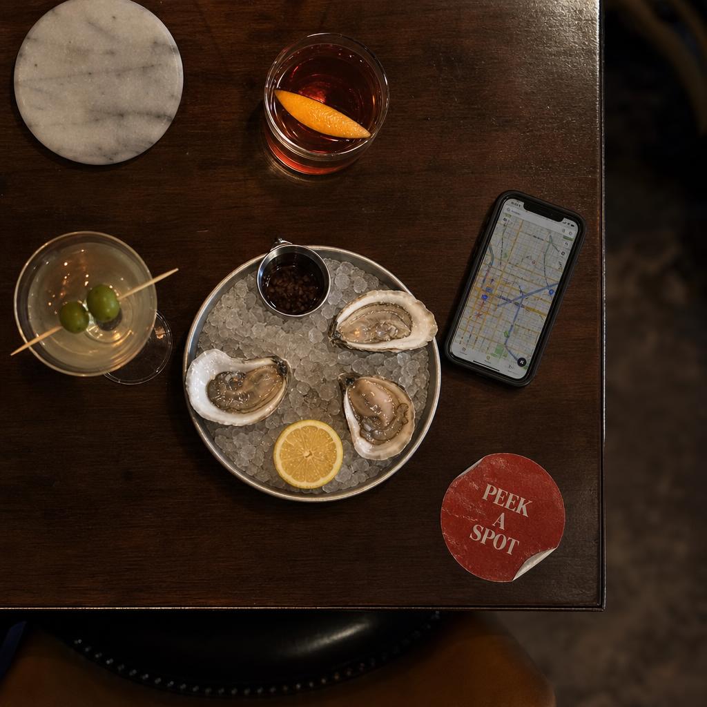 Cocktails and oysters with a Peek A Spot coaster