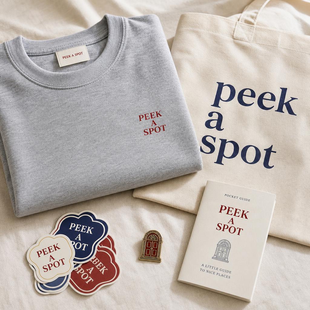 Peek A Spot merch flat-lay