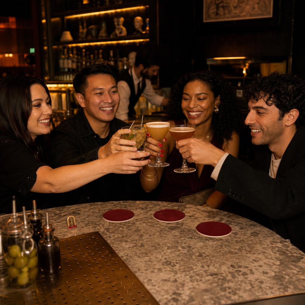 Friends toasting at a DC speakeasy