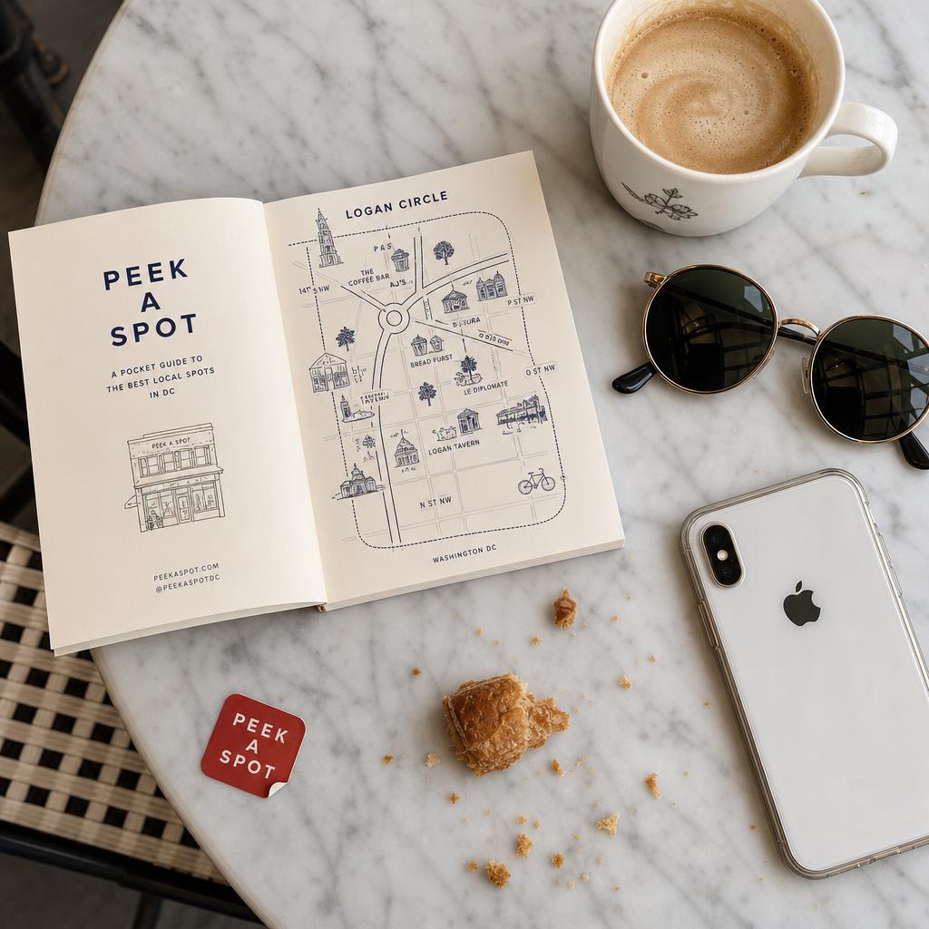 Cafe flat-lay with the Peek A Spot pocket guide