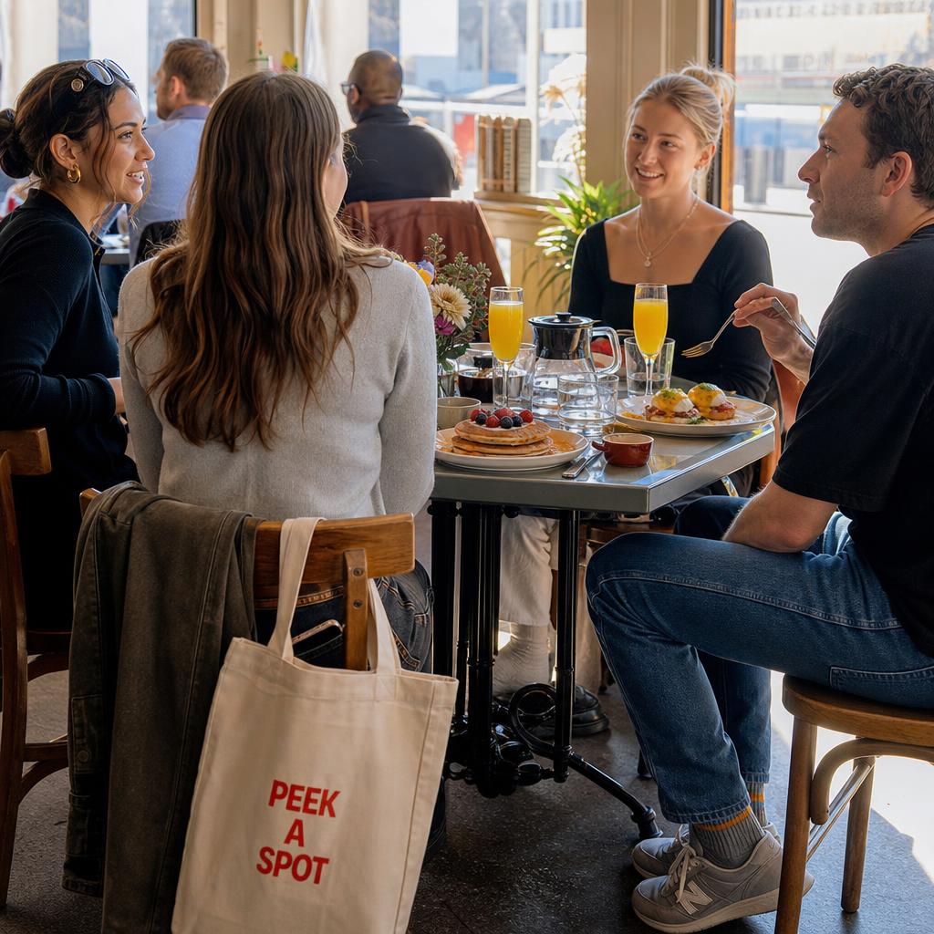 Brunch with friends and a Peek A Spot tote